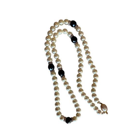 Vintage Carolee Faux Pearl Necklace With Black Beads & Rhinestone Accents Gold C - Picture 3 of 5